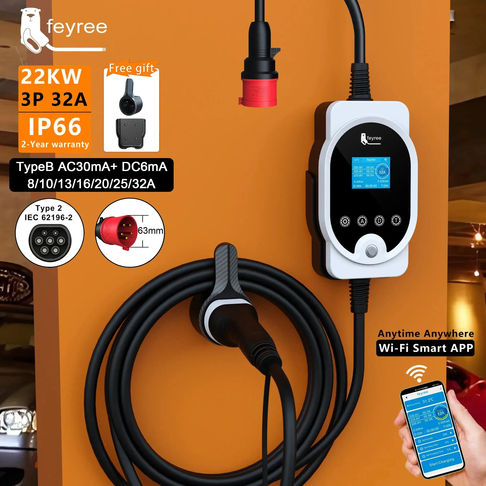 Ev Charger Type 2 22Kw 32A 3 Phase - Feyree 22KW Tipo 2 Cabo EVSE
