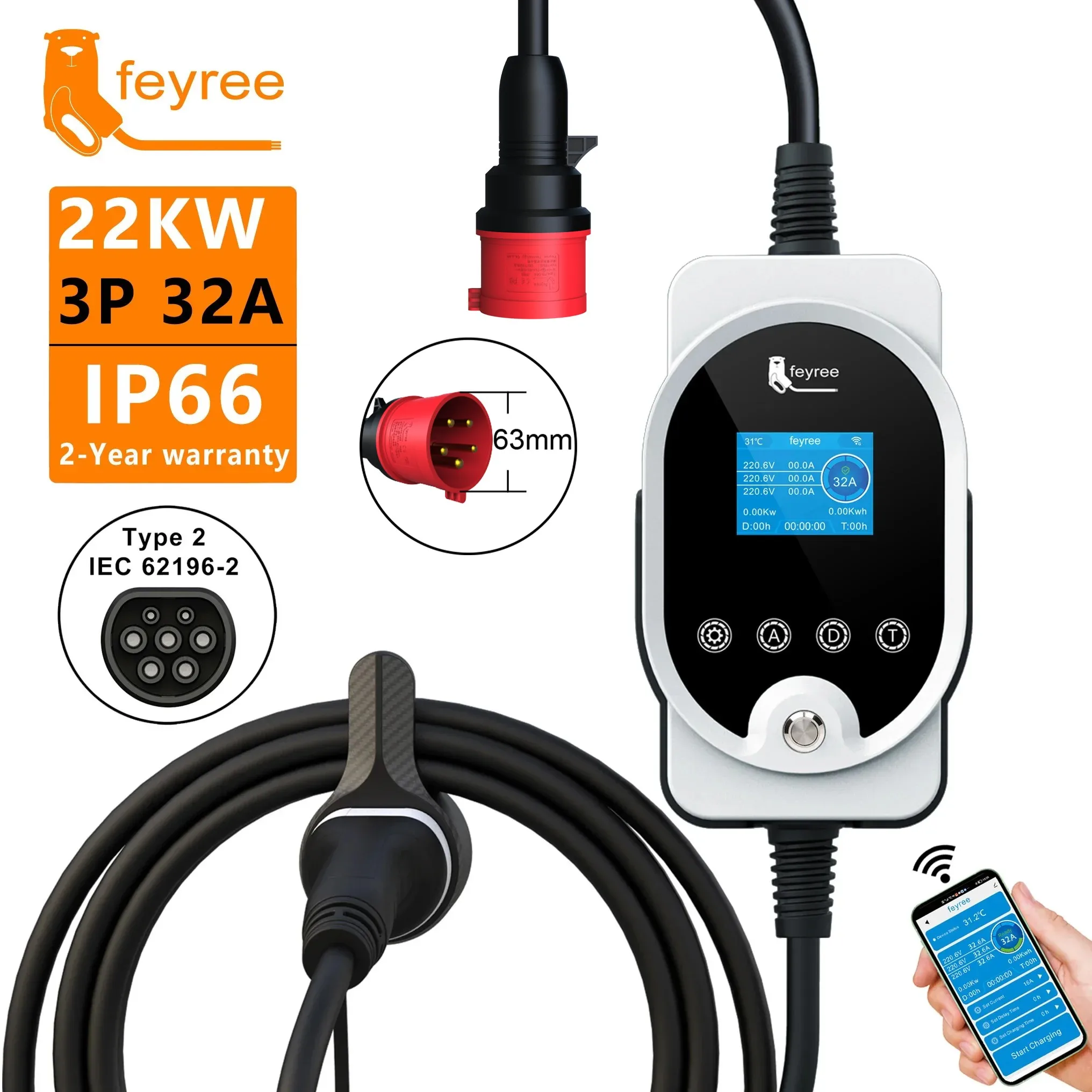 Feyree 22KW Tipo 2 Cabo EVSE W - Ev Charger Type 2 22Kw 32A 3 Phase avaliação e preço